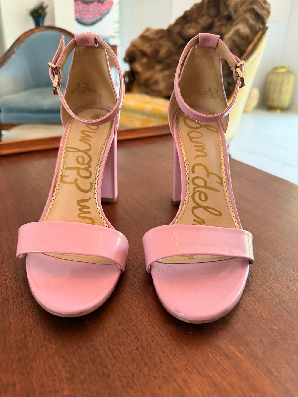 Sam Edelman Pink Patent Ankle-Strap Block Heels